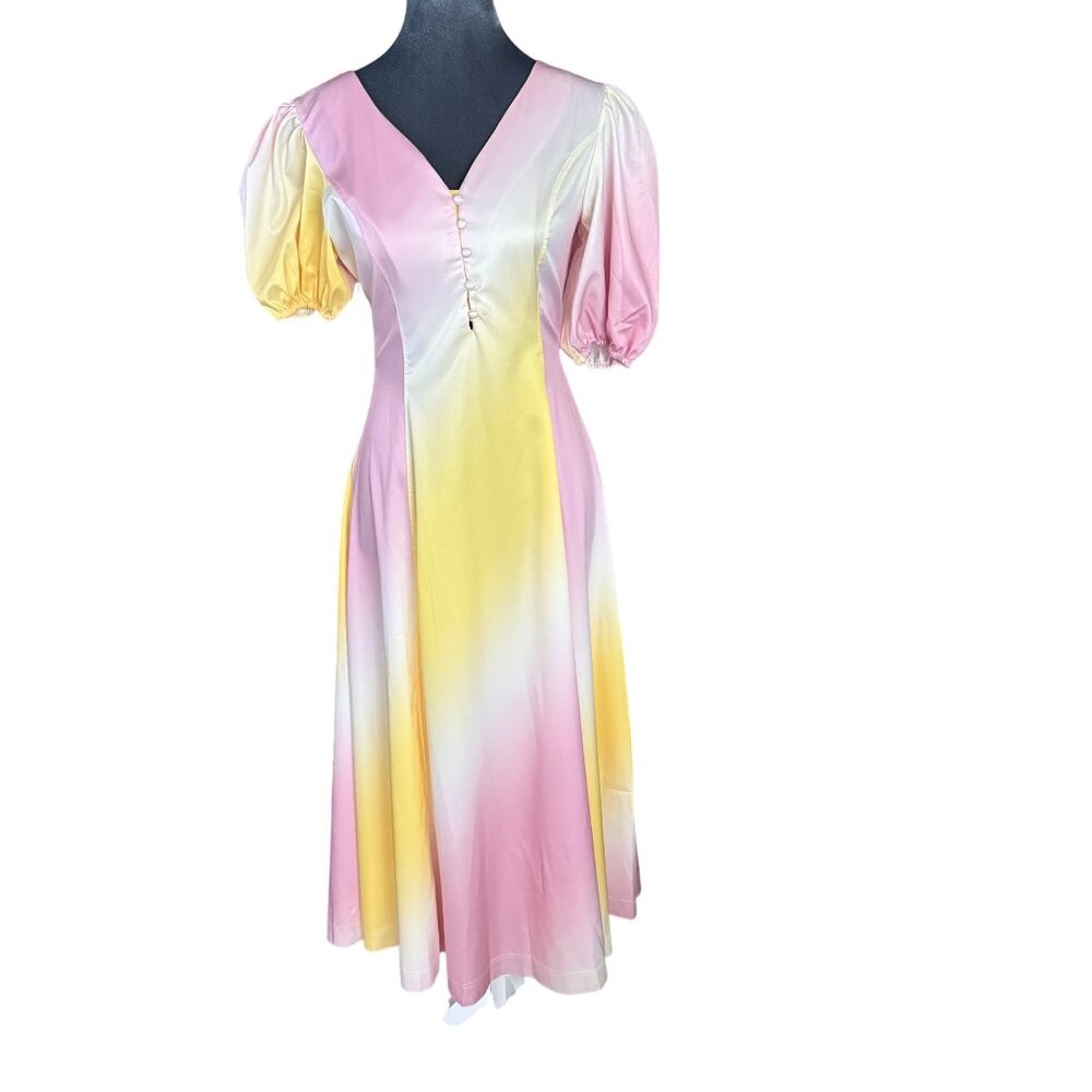 Pastel Pink & Yellow Gradient Puff Sleeve Midi Dress With Open Back Design & But